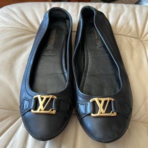 Louis Vuitton Black Leather Oxford Ballet Flats Gold LV Authentic GUC Has Wear